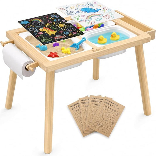 Easyego Wooden Sensory Table – Multifunctional Sand & Water Table with Double-Sided Lid, Paper Roll, Storage Box, Transparent & Game Board, and Foldable Bins for Kids' Indoor & Outdoor Play