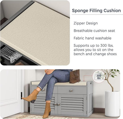 WARMHONIU Shoe Storage Bench with 2 Drawers, Entryway Bench with Cushion, Adjustable Shelves, Shoe Rack Bench with Louvered Doors for Entryway, Bedroom, Hallway, White