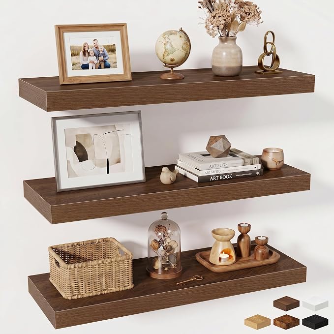 Fun Memories Floating Shelves for Wall, 30 Inch Long Floating Shelves Set of 3, 30 x 10 Wooden Shelves for Wall, Large Storage Shelves, Hanging Shelves for Bathroom Kitchen Bedroom, Walnut