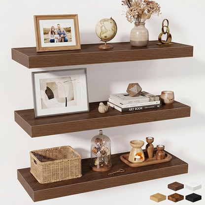 Fun Memories Floating Shelves for Wall, 30 Inch Long Floating Shelves Set of 3, 30 x 10 Wooden Shelves for Wall, Large Storage Shelves, Hanging Shelves for Bathroom Kitchen Bedroom, Walnut