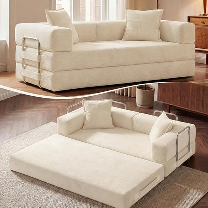 GRUSIGN 78 Inch Convertible Sofa Bed, 5-in-1 Futon Sofa Bed Pull Out Couch, Boneless Couch Bed for Living Room, Corduroy Boneless Couches for Bedroom, Apartment, No Assembly Sleeper Sofa Bed, Beige