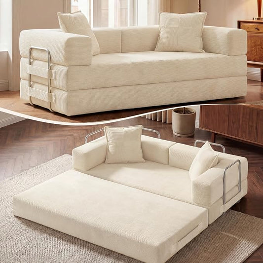 GRUSIGN 78 Inch Convertible Sofa Bed, 5-in-1 Futon Sofa Bed Pull Out Couch, Boneless Couch Bed for Living Room, Corduroy Boneless Couches for Bedroom, Apartment, No Assembly Sleeper Sofa Bed, Beige