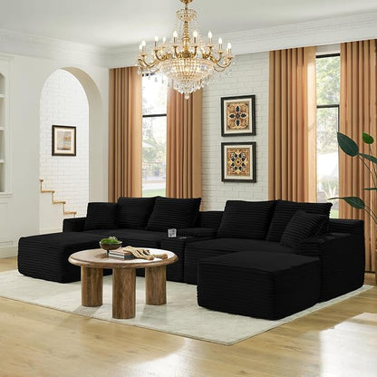 127" U-Shaped Cloud Sectional Couch Oversized Modular Compressed Boneless Sectional Sofa with Ottoman Chaise Lounges & Console, Plush Corduroy Boneless Symmetrical Sofa