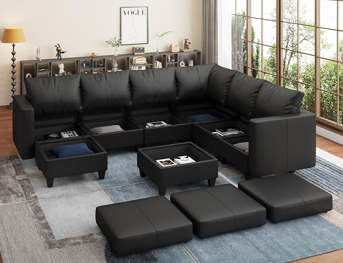 EASE MOOSE Faux Leather Sectional Sofa with Storage,Large U Shaped Faux Leather Modular Couch Sofa, Black