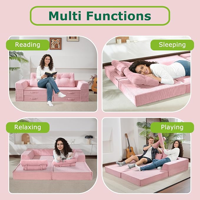 Folding Sofa Bed, 4 in 1 Convertible Sleeper Chair with Pillow, Loveseat Memory Foam Fold Out Chair Bed, Modern Floor Futon Sofa Couch Mattress for Living Room/Guest/Apartment, Pink