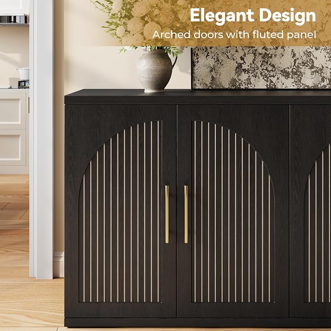 MapleGrace 63" Fluted Buffet Cabinet with Storage, Modern Symmetrical Arched Sideboard Credenza with Adjustable Shelf, Elegant Wood Console Table for Dining Room, Kitchen, Living Room(Black)