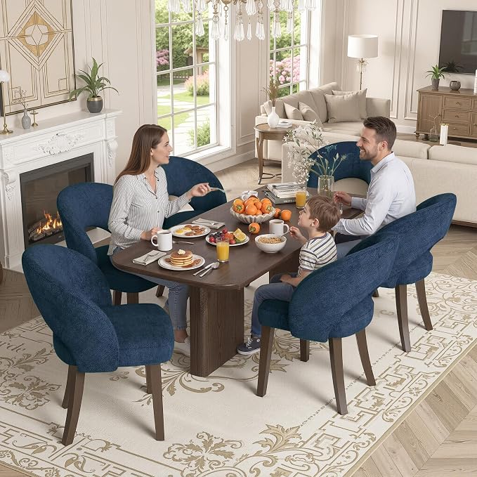 Dining Chairs Set of 6, Mid Century Modern Dining Chairs with Solid Wood Legs, Curved Back Kitchen Chair Farmhouse Side Upholstered Chairs for Kitchen Dining Room, Blue
