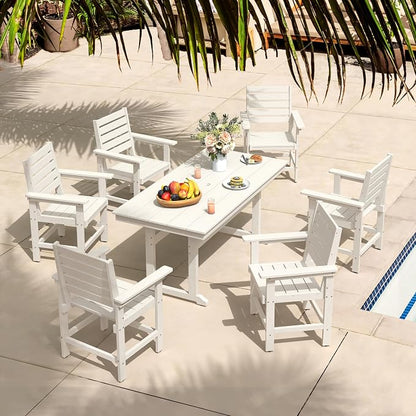Rectangle Outdoor Dining Tables for 6, HDPS Weather Resistant Patio Dining Table, 66" Outdoor Tables with 1.96" Umbrella Hole for Porch, Balcony, Backyard, White