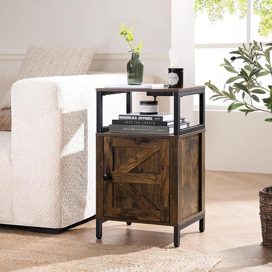 Yoobure Farmhouse NightStand with Charging Station，Wood Night Stand End Table with USB Ports, LED Bed Side Table with Storage Cabinet，Bedside Table for Bedroom, Living Room Rustic Brown