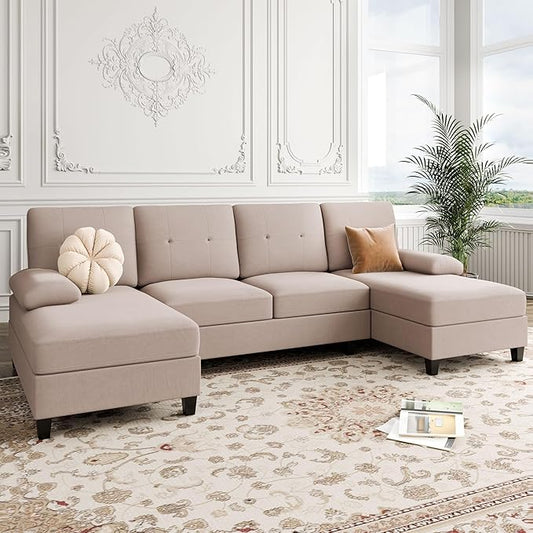 Shintenchi U-Shaped Sectional Couches for Living Room, 4 Seat Sofa with Double Chaise Lounges,Solid Wood Frame Sectional Sofa for Apartment,Beige