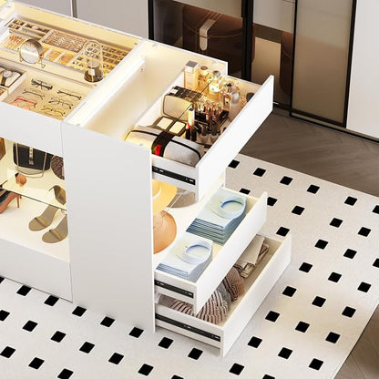 Kikihouse Modern Closet Island with 10 Drawers, LED Wardrobe Armoire Island with Glass Top, Luxury Walk-in Closet Island Storage Cabinet with Display Shelf for Cloakroom, Dressing Room (White)