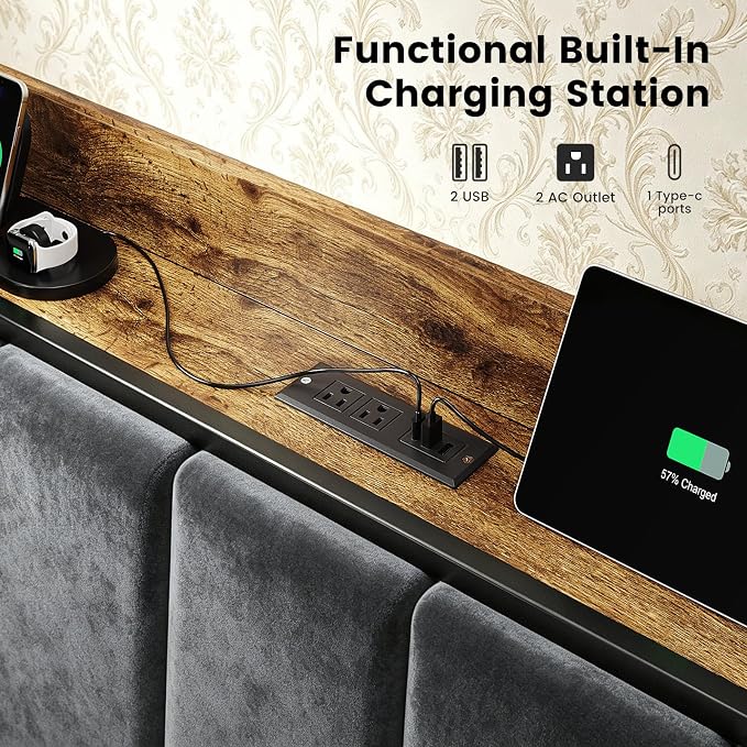 Full Size Bed Frame with Smart LED Lights and Charging Station, Storage Headboard, Heavy Duty Metal Platform Bed, Noise Free, No Box Spring Needed, Easy Assembly