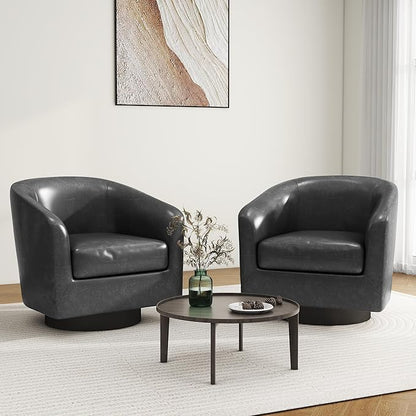 Swivel Barrel Accent Chair, Modern Round Faux Leather Arm Chair for Living Room, Bedroom, Comfy Club Reading Chairs for Adults(Faux Leather, Black, Set of 4)