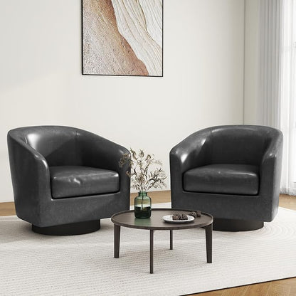 Swivel Barrel Accent Chair, Modern Round Faux Leather Arm Chair for Living Room, Bedroom, Comfy Club Reading Chairs for Adults(Faux Leather, Black Grey, Set of 2)