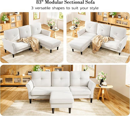 Small Sectional Couch, 83" L Shaped Couch, Comfy Velvet Couches for Living Room, Tool-Free Setup Modular Sectional Sofa, 850lbs Load Sofas for Living Room with 1 Movable Ottoman, White Couch