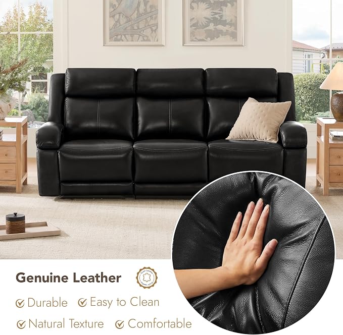 Watson & Whitely Power Reclining Sofa and Loveseat Sets, Genuine Leather Sofa Recliner Couch Set with Power Headrest, Storage Console, USB Ports, Cup Holders, Living Room Furniture Set, Black