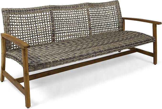 Wicker outdoor bench with wooden frame on a white background