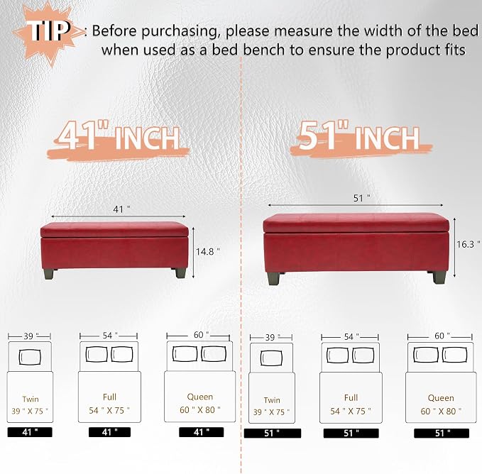 51 Inch Storage Ottoman, Storage Bench with Safety Hinge, Upholstered Synthetic Leather Ottoman Bench for Bedroom, Living Room, Entryway, Hallway, Foot Rest, Support 500lbs