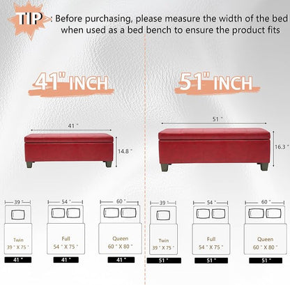 51 Inch Storage Ottoman, Storage Bench with Safety Hinge, Upholstered Synthetic Leather Ottoman Bench for Bedroom, Living Room, Entryway, Hallway, Foot Rest, Support 500lbs