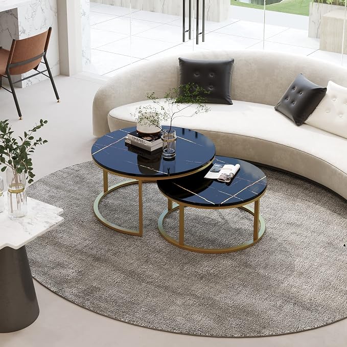 WiberWi Round Coffee Table Nesting Tables Set of 2, Large : Ø 34.0", Small : Ø 26.0", Modern Design Coffee Tables for Living Room, Gold Metal Frame Circle Cocktail Table, High Glossy Faux Black Marble