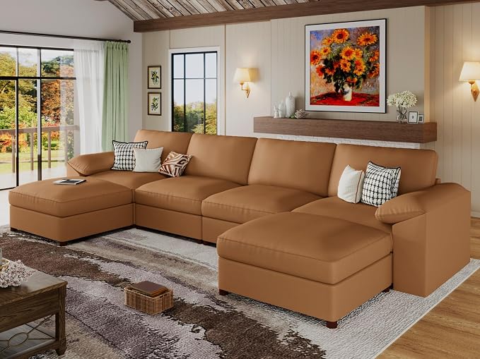 EASE MOOSE Leather Sectional Couch, Oversized Modular Sectional Sofas, Wide Deep Seat Modern Modular Couch, Scratch Resistant Faux Leather Material, U Shaped Sofa for Big Spaces, Brown