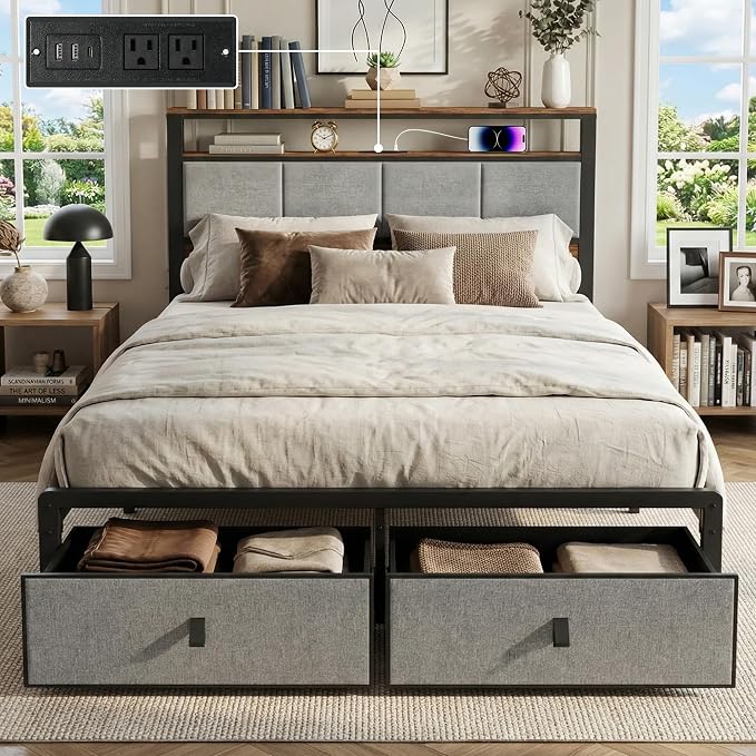 Upholstered Queen Bed Frame with 2-Tier Storage Headboard, Metal Platform Bed with Charging Station, Queen Size Bed Frame with 2 Under Bed Storage Drawers, No Box Spring Needed, Noise-Free