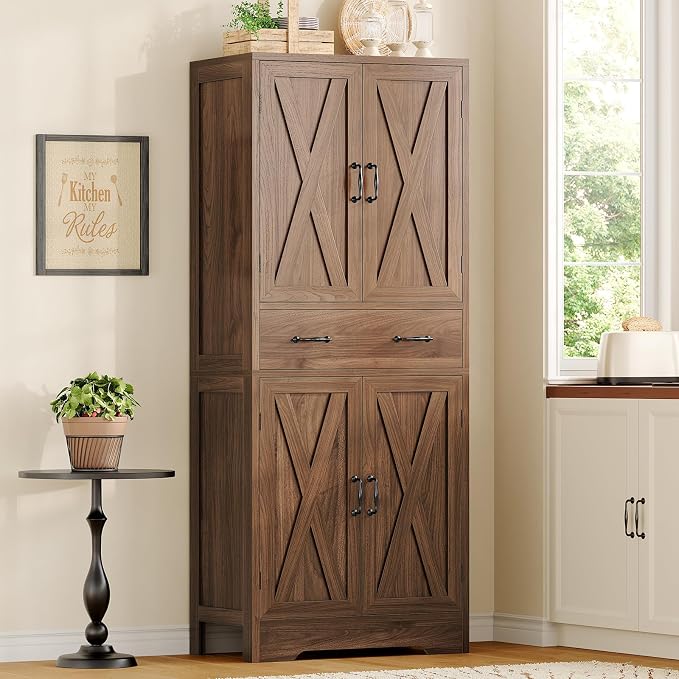 TEENFON Tall Storage Cabinet with 2 Adjustable Shelves & 1 Large Drawer, Kitchen Pantry Cabinet with 4 Doors, Bathroom Storage Cabinets, for Living Room, Kitchen, Bathroom, Walnut