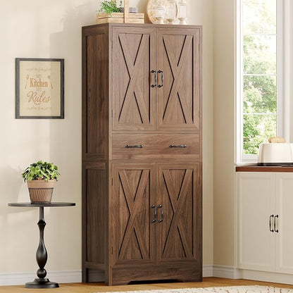 TEENFON Tall Storage Cabinet with 2 Adjustable Shelves & 1 Large Drawer, Kitchen Pantry Cabinet with 4 Doors, Bathroom Storage Cabinets, for Living Room, Kitchen, Bathroom, Walnut