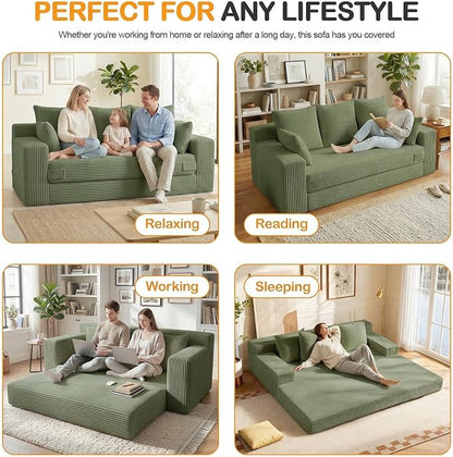 Oversize Loveseat Boneless Convertible Sofa Bed, Folding Floor Futon Sleeper Sofa Queen Size Couch Bed- Boneless Foldable Couch, Corduroy Pull Out Sofa Bed with 5 Pillows for Living Room & Bedroom