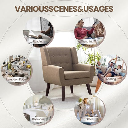 HUIMO Accent Chair, Upholstered Button Tufted Armchair, Linen Fabric Sofa Chairs for Bedroom, Living Room, Mid-Century Modern Comfy Reading Chair (4 PCS, Brown)