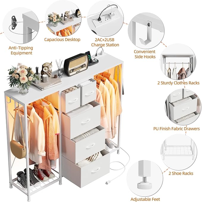 HIGDBFE 5-Drawer Dresser with 2 Hanging Racks, White, 49.2" W | LED Lights&Charging Station, Hooks, Wooden Top, Fabric Drawer, Dresser TV Stand for Bedroom, Dorm