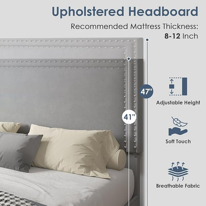 VECELO Full Size Platform Bed Frame with Height Adjustable Upholstered Headboard, Modern Mattress Foundation,Strong Wood Slat Support, No Box Spring Needed, Easy Assembly,Light Grey