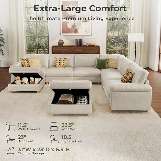 SITJOY Large Cloud Couch, 138" Wide 6 Seater V Shape, Faux Leather in White | Pet-Friendly Scratch-Resistant Leather Sectional Sofas for Living Room, Deep Seat Wide Couch with Chaise, Storage Ottoman