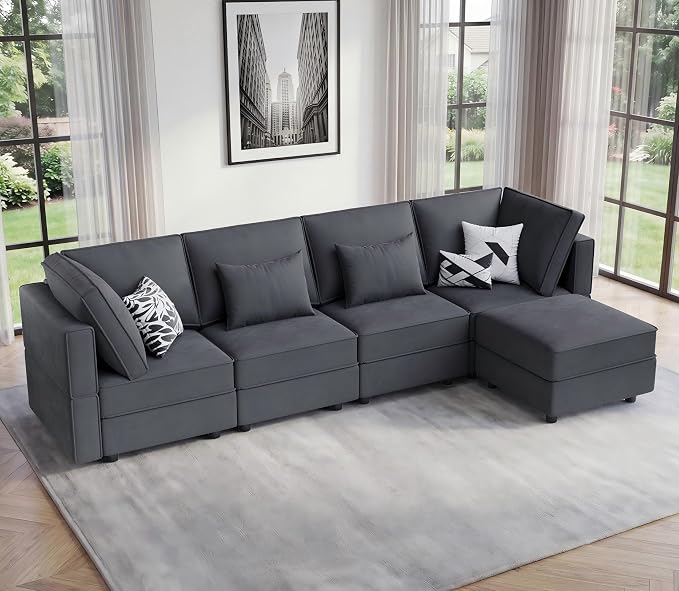 Vesgantti Sectional Couches with Storage Seats, 118" L Shaped Convertible Modular Sectional Sofa, 4 Seat & 1 Ottoman Velvet Storage Chaises Deep Seat Couch for Living Room, Bedroom, Apartment, Gray
