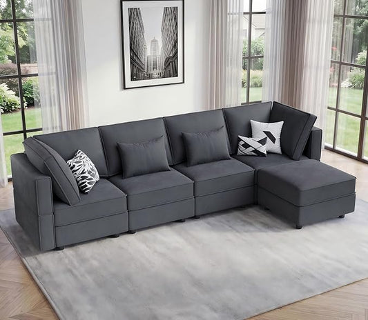 Vesgantti Sectional Couches with Storage Seats, 118" L Shaped Convertible Modular Sectional Sofa, 4 Seat & 1 Ottoman Velvet Storage Chaises Deep Seat Couch for Living Room, Bedroom, Apartment, Gray