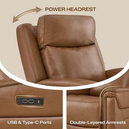 Watson & Whitely Super Zero Gravity Power Recliner Chair with Power Headrest, Genuine Leather Recliner with USB & Type-C Ports, Electric Reclining Sofa Chair for Living Room, Bedroom, Saddle Brown
