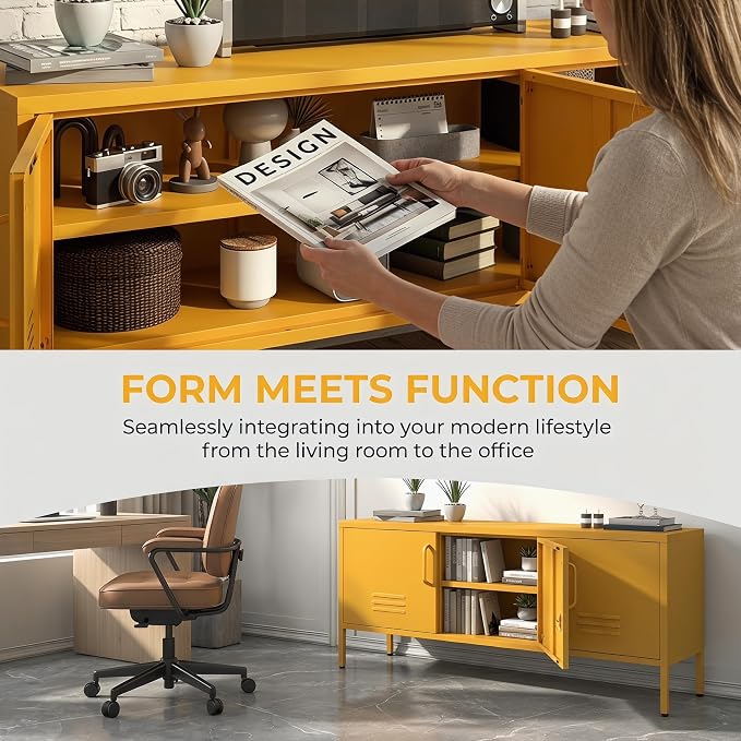 3 Door TV Standwith Storage Locke Metal TV Cabinet with 2-Tier Multi-Purpose Lockable Wide Storage Cabinet, Media Console Table with Metal Legs for Living Room, Bedroom,Office,Yellow