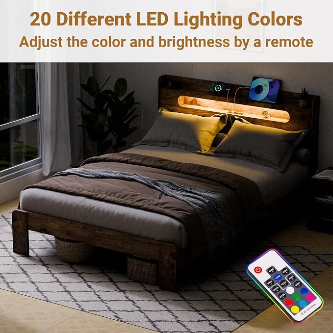 Zevemomo Full Size Bed Frame Wood, Full Bed Frame with LED Lights, Charging Station with 2 USB Ports & 2 AC Outlets, Sturdy Wood Framework, Noiseless, Rustic Brown (Arc Edge Rectangular Slot)