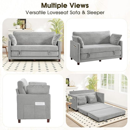 65" Convertible Loveseat Sofa Bed, 2-in-1 Folding Sofa Bed with 2 Pillow for Small Spaces, Modern Loveseat Sleeper Couch for Apartment, Living Room & Guest Room (Corduroy Light Grey, 65 inch)