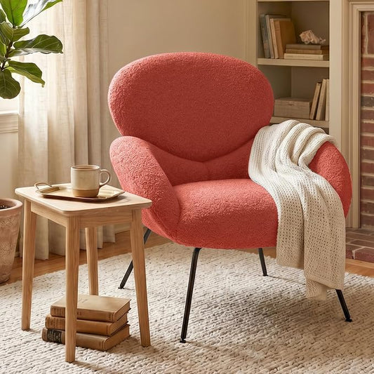 Accent Chair, Cloud Accent Chair for Bedroom, Boucle Fabric(Orange) | Comfy Bedroom Chair with Love Back and Sturdy And Durable Solid-Wood Frame/ Study Room / Bedroom / Living Room /(Cream Style)