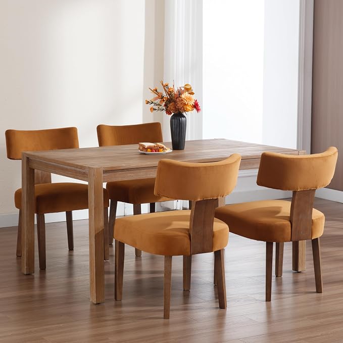 RIVOVA Set of 4 Modern Dining Chairs, Farmhouse Velvet Upholstered Dining Room Chairs Kitchen Chairs Side Armless Chairs with Curved Backrest Wood Legs, Yellow Brown
