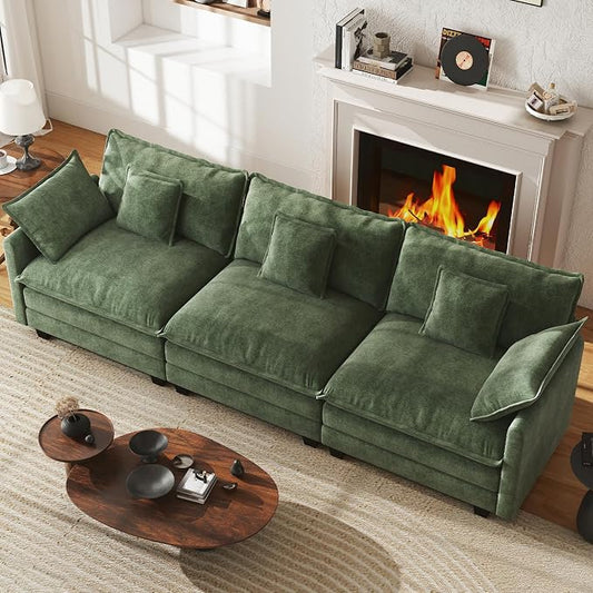 WorthFurni 111.4” Cloud Couch, Modular Sectional Sofa, Comfy Modern 3-Seater Couches with Pillows & Upholstered Deep Seat Cushion for Living Room Apartment Bedroom (Green)