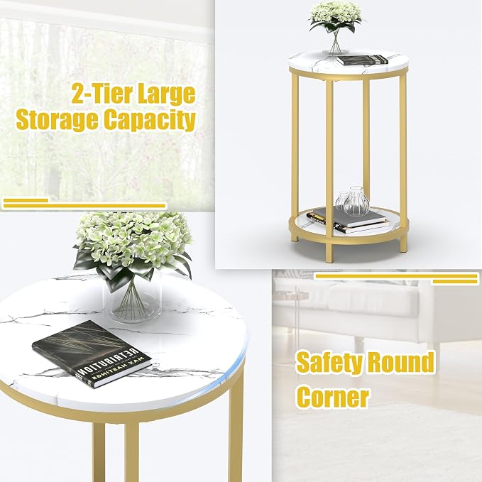 WiberWi Round Side Table, Modern Nightstand End Table with Gold Metal Frame &Faux Marble Top, Accent Bedside Table for Living Room Bedroom Small Spaces with Storage Open Shelf, White
