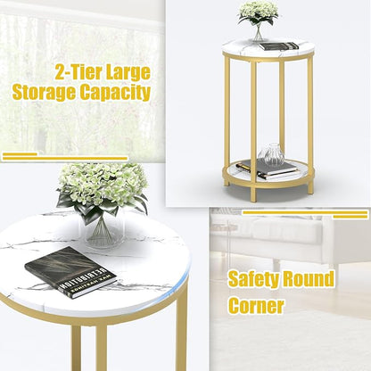 WiberWi Round Side Table, Modern Nightstand End Table with Gold Metal Frame &Faux Marble Top, Accent Bedside Table for Living Room Bedroom Small Spaces with Storage Open Shelf, White
