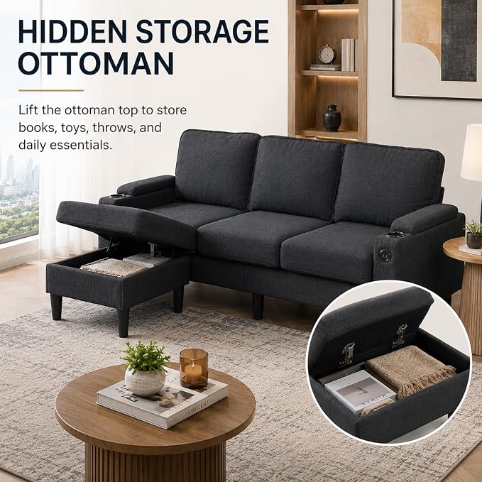 67'' L-Shaped Velvet Modular Sectional Couch Sofa with Ottoman, 3-Seat Convertible Cloud Deep Seat Sofa Couches for Living Room Bedroom Apartment, Cozy Chaise Lounge Sofas (Dark Grey)