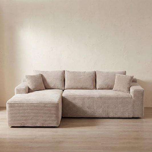 95" L-Shaped Left Facing Cloud Sectional Couch for Living Room, Modular Compressed Boneless Sectional Sofa Corduroy Boneless Corner Foam Sofa W/Chaise Lounge and Pillows