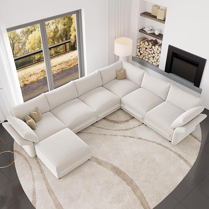 DreamDashio 160" 7-Seat L-Shaped Sectional Sofa, Oversized Modular Cloud Couch with Storage & Adjustable Backs, Beige Chenille for Living Room