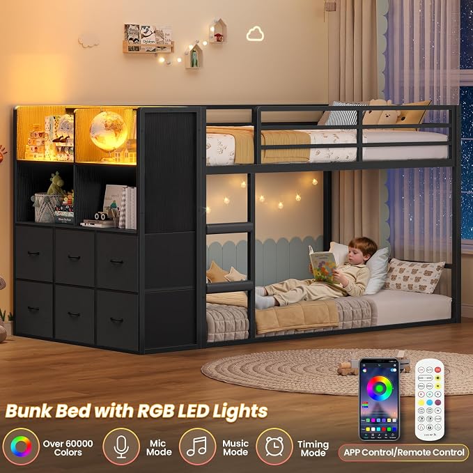 BTHFST Twin Over Twin Bunk Bed with Storage Drawers & Open Storage Shleves with LED Lights, Metal Black Low Bunk Bed Safety Ladder and 13.4" H Guardrail, Space Saving