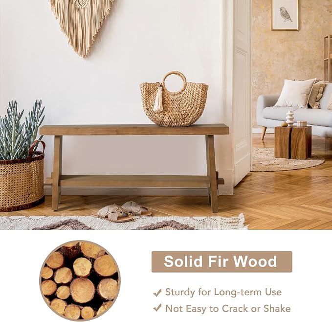 HOKYHOKY Solid Wood Entryway Bench - 43.3" Farmhouse Long Storage Bench, Rustic Narrow Bench Seat for Indoor, Entryway, Dining Room, Living Room and Hallway, Brown
