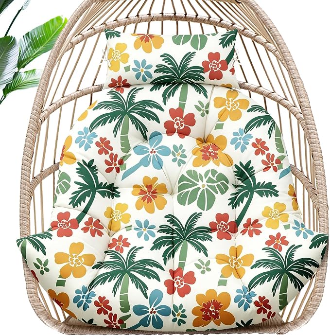MAGIC ELEPHANT Egg Chair Cushion, Memory Foam Hanging Egg Chair Cushion Replacement, Indoor Outdoor Hammock Basket Swing Cushion with Headrest (Hawaiian Palm Floral)